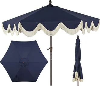 Jonathan Y Designs Collins 9 ft. Classic Cottage Fringe Tassel Market Patio Umbrella with Auto-Tilt Crank in Navy/cream at Nordstrom