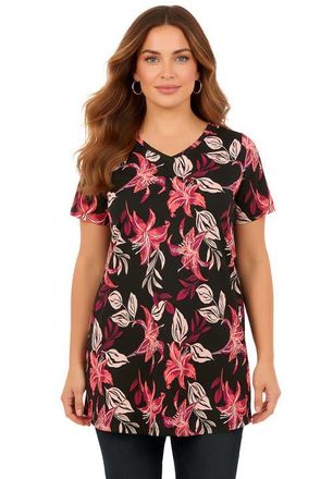 Roaman's Plus Size Ultimate Cotton V-Neck Short Sleeve Tunic in Black Tiger Lily at Nordstrom, Size Medium