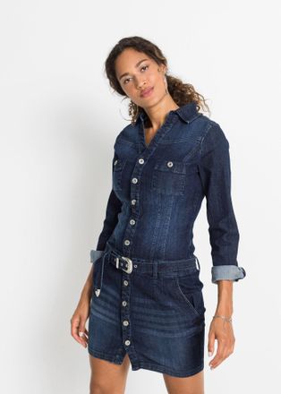 Bonprix Jeanskleid BONPRIX, Damen, Gr. 42, N-Gr, blau (tiefblau denim ungewaschen), Obermaterial: 82% Baumwolle, 17% Polyester, 1% Elasthan, schmal, Kleider J