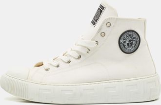 Versace White Canvas Greca Medusa Logo Patch High Top Sneakers