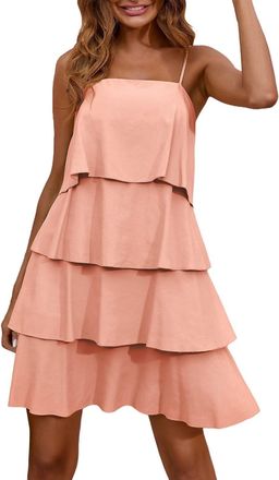 Generic Women Summer Mini Dress Ruffle Tiered Layered Flowy Swing Mini Dress Spaghetti Strap Sleeveless Boho Beach Party Dress Holiday Sundress,Pink,XL,U205A