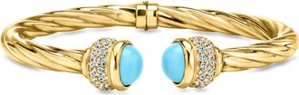 Ross-Simons Italian Simulated Turquoise and CZ Twisted Cuff Bracelet in 18kt Gold Over Sterling