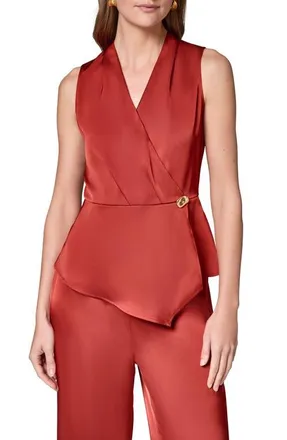 DKNY Sleeveless Faux Wrap Satin Top in Sunbaked at Nordstrom, Size 10