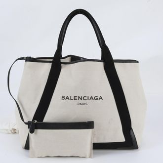 Balenciaga Black White Leather Canvas Handbag Shoulder Bag Tote Bag (Pre-Owned)