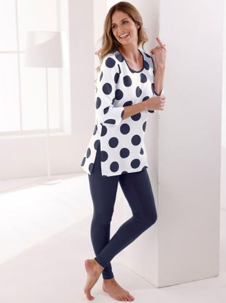 Feel Good Rundhalsshirt FEEL GOOD Longshirt, Damen, Gr. 36/38, beige (ecru, marine), 95% Baumwolle, 5% Elasthan, gemustert, gepunktet, Shirts Rundhalsshirt