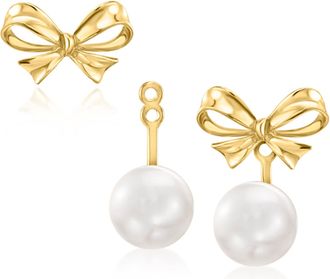 Ross-Simons 10kt Yellow Gold Bow Earrings With Removable 6-6.5mm Cultured Pearl Drops