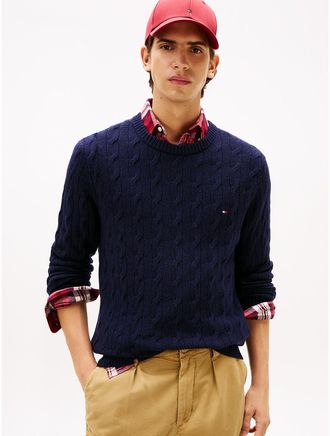 Tommy Hilfiger Mens Lambswool Cable Knit Sweater - Blue - L