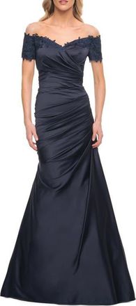 La Femme Off the Shoulder Satin and Lace Mermaid Pleated Gown in Navy at Nordstrom, Size 14