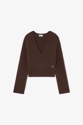 Ganni Brown V-neck Jumper - Size XXS Wool