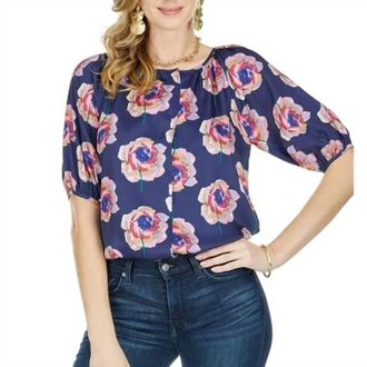 Jade Yoga Short Sleeve Peasant Blouse In Navy Rose
