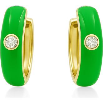 House of Frosted Gemstone & Enamel Huggie Hoop Earrings in 14K Yg/Green Enamel/wht Topaz at Nordstrom Rack