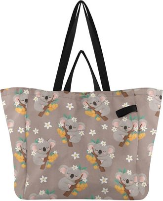 Generic Koala Brown Orange print Reusable Canvas Tote Bag, Heavy Duty Grocery Shopping Bag with Large Capacity Double Handles Hard Bottom Work Groceries Trave