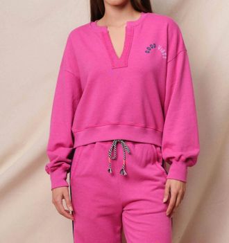 Sundry Good Vibes Split Neck Sweatshirt In Fuchsia