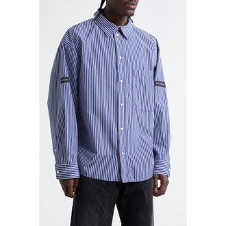 Balenciaga Oversize Stripe Cotton Blend Button-Up Shirt in 8502 Navy/White at Nordstrom, Size X-Large
