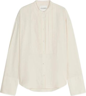 Closed Band Collar Pintuck Katoenen Shirt - Dames - Overhemden - Beige - M - Katoen - Overhemden