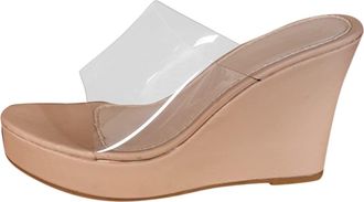 Generic Womens Wedge Sandals Open Toe Slip On Clear Two Strap Sandals High Heels Thicksoled Womens Wedges Transparent Sliders Slipper Beige