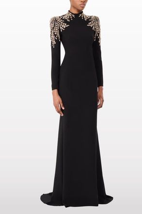 Jenny Packham Cobra Embellished-Shoulders Mock-Neck Maxi Dress in Liquorice at Nordstrom, Size 18 Uk