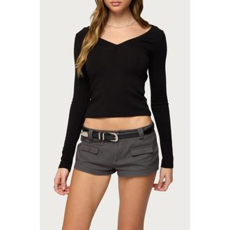 Edikted Larna V-Neck Long Sleeve Crop T-Shirt in Black at Nordstrom, Size X-Large