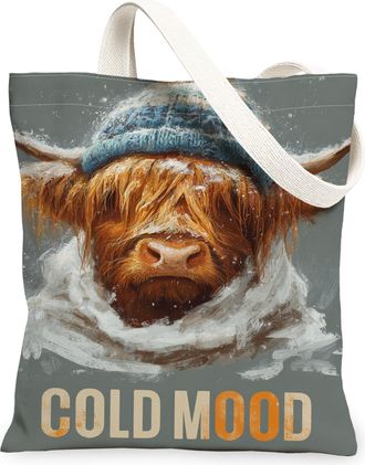 Generic Highland Cow Canvas Tote Bags, Winter Animal Pattern Reusable Bags, Cold Weather Vintage Lightweight Washable Shoulder Stra, Gray, 13x15 Inch