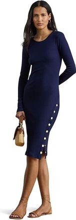 Lauren Ralph Lauren Button-trim Ribbed Cotton-blend Dress Womens Dress Refined Navy : MD, Cotton/Elastane/Modal