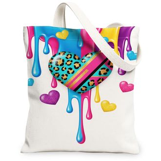 Generic Heart Drip Canvas Tote Bags, Colorful Animal Print Reusable Grocery Bags, Summer Fun Chic Lightweight Washable Shoulder Str, Colorful, 13x15 Inch