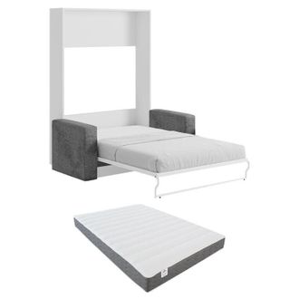 Vente-Unique Letto a scomparsa con divano apertura verticale manuale 140 x 200 cm Bianco e Grigio + Materasso - VACIALA II