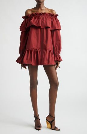 Saint Laurent Long Sleeve Cotton Ruffle Off the Shoulder Minidress in Rouge Fonce at Nordstrom, Size 8 Us