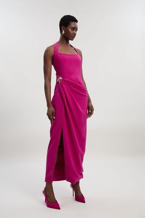 Karen Millen Womens Petite Polished Tailored Halter Neck Gathered Midi Dress - Fuchsia - Size 12 UK