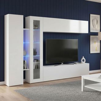Dmora Pared Equipada Dborin, Conjunto De Sal&oacute;n Mueble Tv Con 4 Puertas, Mueble Sal&oacute;n Polivalente, 100% Made In Italy, Cm 280x30x180, Blanco Brillo - Dmora