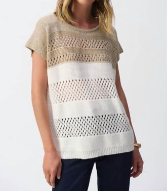 Joseph Ribkoff Color Block Metallic Sweater Knit Pullover In White