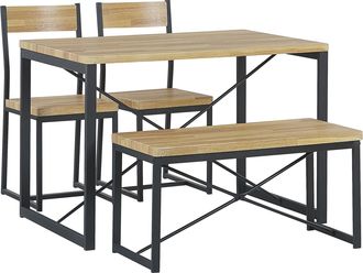 Beliani Conjunto De Comedor De Madera Clara Con Estructura De Acero Negro Mesa Rectangular 110 X 70 Cm 2 Sillas Y Banco 4 Plazas Flixton