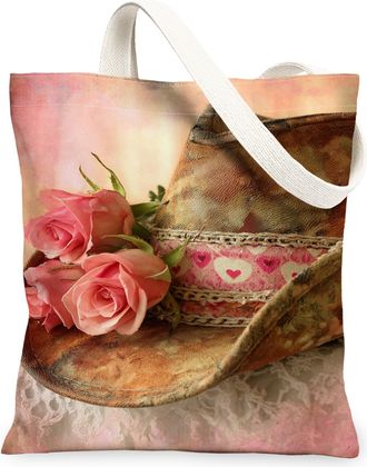 Generic Floral Canvas Tote Bags, Rustic Roses Reusable Grocery Bags, Spring Elegant Bohemian Washable Shoulder Strap Canvas for Tra, Peach, 13x15 Inch