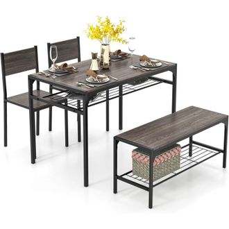 Costway Set da Pranzo 4 Pezzi, Tavolo da Pranzo Industriale con 2 Sedie e Panca, Mobili da Cucina con Telaio in Metallo, Ripiano Portaoggetti(Grigio)