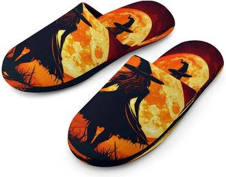 Generic Witch in Moon Mens Cotton Slippers Memory Foam Comfort House Shoes Winter Indoor Slipper for Hotel Casa Spa