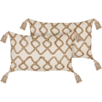 Beliani Conjunto De 2 Cojines De Algod&oacute;n Beige 30 X 50 Cm Patr&oacute;n Geom&eacute;trico Borlas Incana