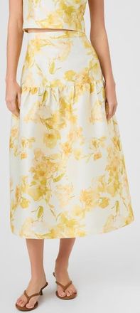 French Connection Sophie Floral Structured Taffeta Midi Skirt in Daisy Yellow Sophie Flower at Nordstrom, Size 10