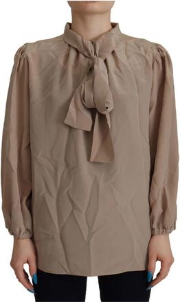 Dolce & Gabbana Bruine Zijden Ascot Kraag Blouse Top - Dames - Blouses - Bruin - M - Overhemden