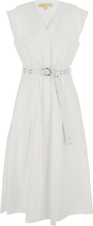 Michael Kors White Sleeveless Long Dress With V Neck And Adjustable Belt In Cotton Stretch Woman
