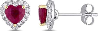 Amour Heart Shape Ruby and 1/3 CT TW Diamond Halo Stud Earrings In 14K White Gold with Yellow Gold Prongs