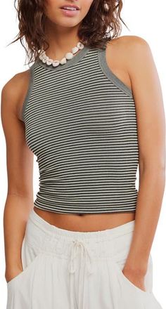 Free People So Soft Stripe Racerback Crop Tank in Black White at Nordstrom, Size X-Small