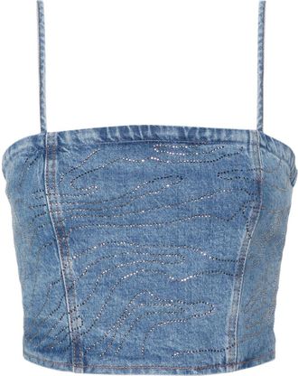 Rotate rhinestoned denim cropped top - women - Elastane/Organic Cotton - 32 - Blue