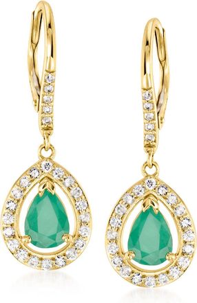 Ross-Simons Emerald and. Diamond Drop Earrings in 14kt Yellow Gold