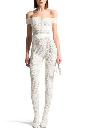 Mani&egrave;re De Voir Martine Pointelle Knit Bardot Jumpsuit with Belt in Cream at Nordstrom, Size Medium