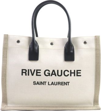 Saint Laurent Beige Black Canvas Leather Tote Bag (Pre-Owned)