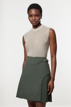 Karen Millen Womens Tailored Buckle Detail Pleated Mini Skirt - Khaki - Size 12 UK