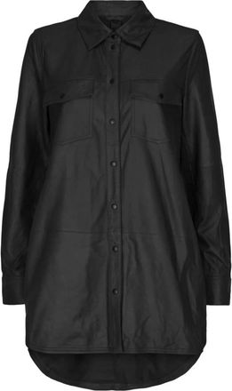 Notyz Zwarte Oversized Leren Shirt met Zwarte Accents - Dames - Overhemden - Zwart - 3XL - Leer - Overhemden