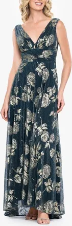 Betsy & Adam Rose Crinkle Gown in Teal/gold at Nordstrom, Size 12