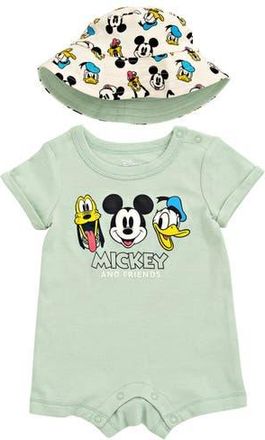 Disney Mickey Mouse 2-Piece Romper and Bucket Hat Set in Mickey Friends Mint at Nordstrom, Size Newborn