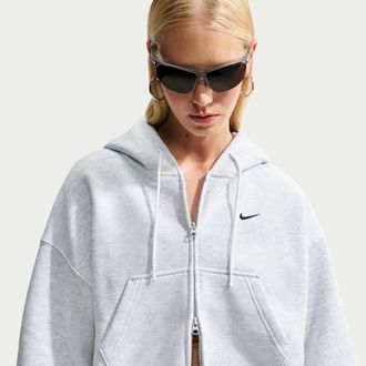 Nike Womens Studio Fleece Weight Oversized Full-Zip Cropped Hoodie in Brown | IM8499-051