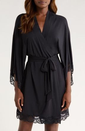 Eberjey Mariana Lace Trim Jersey Robe in Black at Nordstrom, Size Small